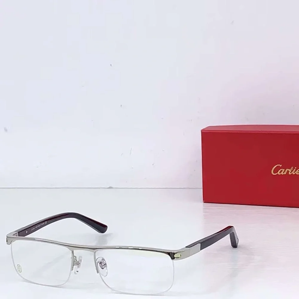 Cartier Black Semi-Rimless Eyeglasses with Subtle Red Box Accent - Picture 2 of 7